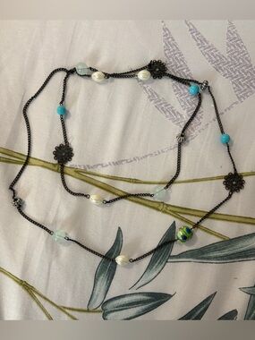 Delicate Turquoise & Faux Pearl Beaded Brass Tone Boho Necklace